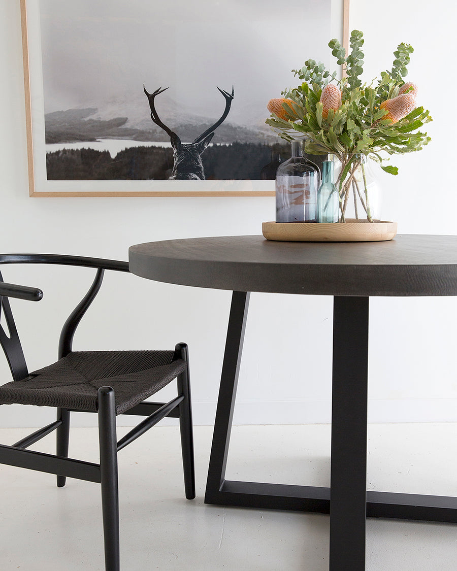 1.0m Alta Round Dining Table - Black with Black Metal Legs - www.elkstone.com.au