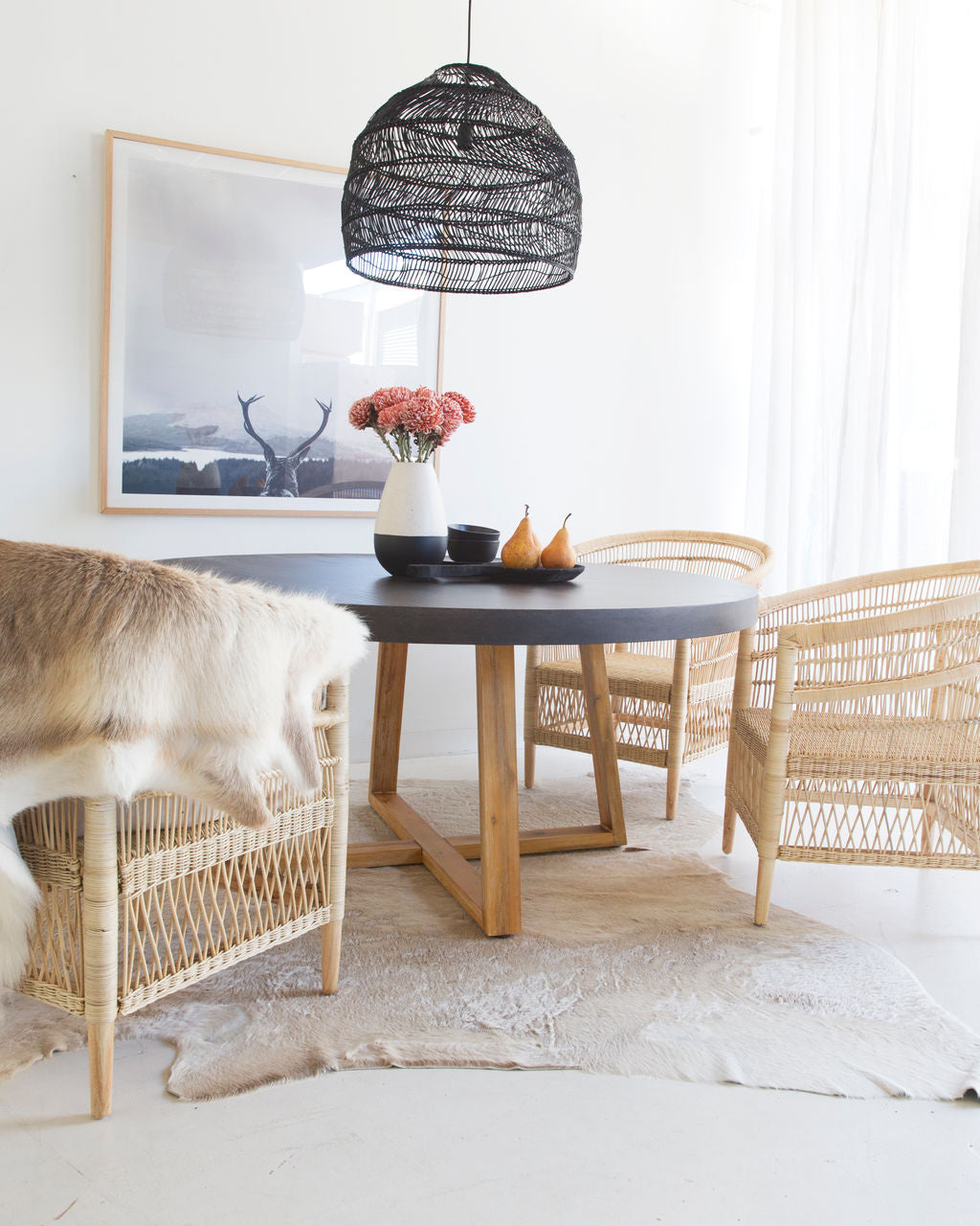 1.6m Alta Round Dining Table - Black top with Light Honey Timber Legs - www.elkstone.com.au