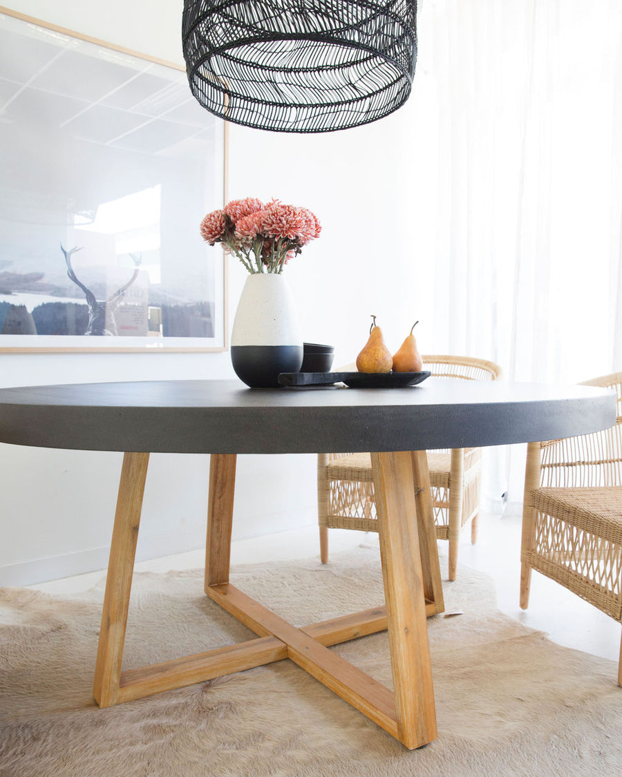 1.6m Alta Round Dining Table - Black top with Light Honey Timber Legs - www.elkstone.com.au